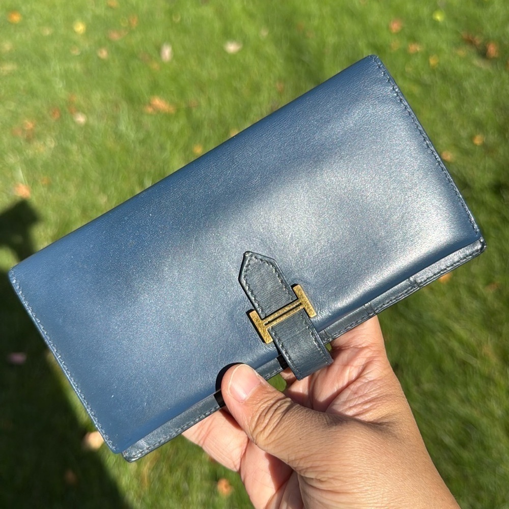 Hermes Bearn Classic Box Calf Leather Long Wallet blue